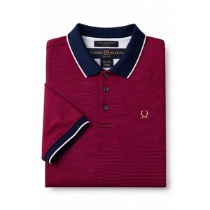 Tommy Hilfiger Golf Mens XXL Mercerized Cotton Striped Polo Shirt Wine Navy